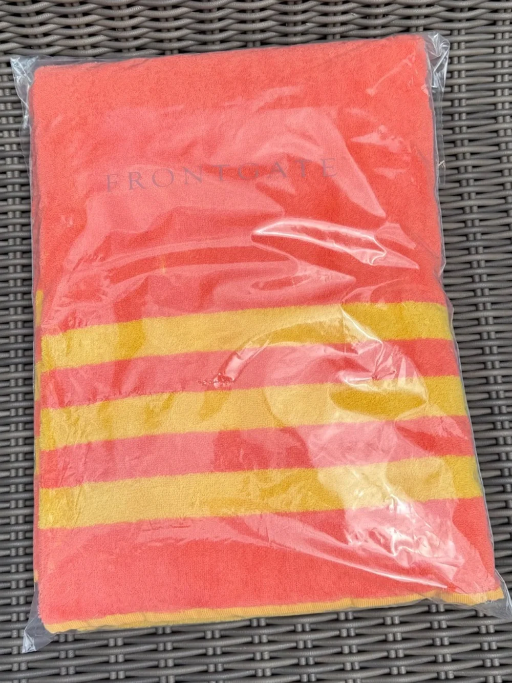 Frontgate Coral & Yellow Striped Beach Towel - NWT